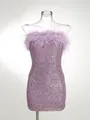 Elegante mini vestido de lentejuelas lavanda con lujoso ribete de plumas de avestruz - XS / Top Y Pantalón / Púrpura