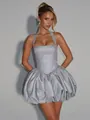 Silbernes Neckholder-Minikleid mit Glitzer und Puffrock für Partys und Abendveranstaltungen - XS / Oberteil Und Unterteil / Hellgrau
