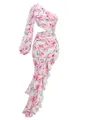 Elegante vestido largo floral de un hombro con volantes en cascada y detalle de abertura - XS / Pinza para el pelo de magnolia rosa