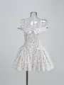 Detailed view of elegant white floral off-the-shoulder strap dress with a puffy skirt - XS / Top And Bottom / Printing
