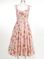 Elegante vestido midi rosa con estampado floral, tirantes de encaje y detalle de lazo - XS / Flores Grandes (Floral Rosa)