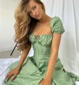 Elegante vestido midi floral verde de estilo francés con mangas abullonadas para verano - XS / Bottoms / Estampado floral verde