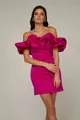 Elegante minivestido fucsia con hombros descubiertos y espectacular escote con volantes - XS / Superior E Inferior / Burdeos