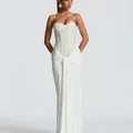 Elegant white sequin strapless evening gown with pleated waist detail and floor-length skirt. - XS / Tops / White