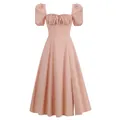 Detalle de un elegante vestido rosa de estilo francés con mangas abullonadas y escote - XS / Bottoms / Rosa Liso