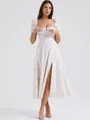 Vestido midi floral blanco de estilo francés con mangas abullonadas y abertura lateral - XS / Bottoms / Blanco (Flor Colorida)