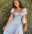 Charming French style light blue floral dress featuring puffed sleeves and ruched bust - Navy Floral