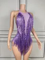 Glamorous purple halter neck sleeveless bodysuit with sequins and long hanging fringe detail - S / Top And Bottom / Purple