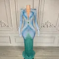 Luxury blue to green gradient fishtail dress with sparkling rhinestones and fringes - S / Top And Bottom / Sky Blue