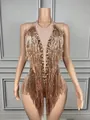 Detailed view of a sparkling rose gold fringe bodysuit embellished with crystal rhinestones - S / Top And Bottom / Rose Gold
