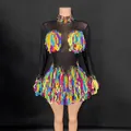 Front view of sexy mesh performance dress with vibrant colorful yarn tassels and sequins - S / Dresses / Black