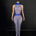 Detailed view of a stunning blue rhinestone mesh see-through gown for stage parties - S / Tops / Blue
