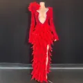 Detailed view of glamorous red sequin evening dress featuring feathers and sparkling rhinestones - S / Top And Bottom / Red