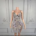 Glamorous rhinestone performance dress with crystal mirrors and high side slit - S / Light Gray