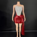 Red bodycon mini dress featuring silver rhinestone bodice and oversized hip flower detail - S / Red