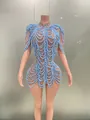 Detailed view of light blue avant-garde party dress with wavy fringe and crystals - S / Top And Bottom / Sky Blue