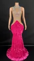 Elegant hot pink velvet mermaid floor-length evening gown with rhinestone mesh top - S / Tops / Rose Red