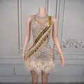 Luxury rhinestone and mirror embellished mini dress with elegant feather trim for stage - S / Top And Bottom / Gold