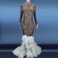 Elegante vestido de noche de malla marrón con pedrería plateada y dobladillo de plumas - Gris