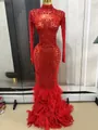 Dettaglio dell'abito da sera rosso in rete con strass e finiture in piume. - Rosso
