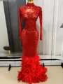 Detail showing the luxury red mesh evening gown with rhinestones and feather trim. - Red