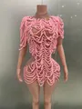 Avant-garde pink wavy textured mini dress with rhinestone details for stage performance - S / Top And Bottom / Pink