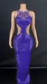 Stunning purple evening gown with side cutouts and shimmering crystal chain detail - S / Top And Bottom / Blue