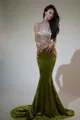 Elegant green velvet mermaid dress with sheer rhinestone embellished bodice and floor-length train. - S / Tops / Olive