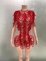 Close-up detail of unique red velvet rope and silver chain stage bodysuit for parties - S / Top And Bottom / Red