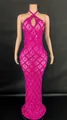Stunning fuchsia halter floor-length dress with sparkling teardrop rhinestones and sequins - S / Top And Bottom / Deep Pink