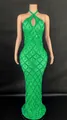 Detailed view of a green halter neck sequined evening gown with teardrop crystals - S / Top And Bottom / Grass Green