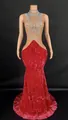 Elegant red velvet mermaid evening gown with heavy rhinestone crystal top embellishments - S / Tops / Red