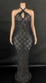 Glamorous halter neck floor-length dress with sparkling crystal teardrop embellishments - Black