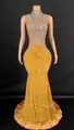 Luxurious mustard velvet mermaid evening gown with sparkling rhinestone bodice detail. - S / Tops / Yellow