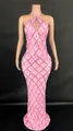 Detailed view of pink halter gown with sequin diamond grid and sparkling rhinestone drops - Pink