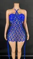 Close-up of a blue halter neck dress adorned with sparkling rhinestones and sequins - S / Top And Bottom / Blue