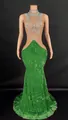 Elegant emerald green velvet mermaid evening dress with luxury rhinestone neck detailing - Green