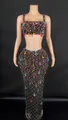 Frontal view of a sexy black mesh two-piece set featuring colorful rhinestone crystals. - S / Top And Bottom / Black