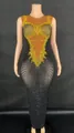 Close-up detail of elegant black mesh performance gown with yellow rhinestone patterns - S / Top And Bottom / Yellow With Rhinestones