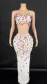 Front view of white two-piece mesh dress decorated with vibrant rhinestone embellishments - S / Top And Bottom / White