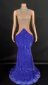 Elegant blue velvet fishtail evening dress with rhinestone mesh bodice and floor-length - Blue