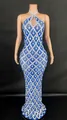 Elegant blue halter floor-length pageant dress with intricate silver crystal patterns - Light Blue