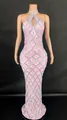 Close-up detail of the pink halter dress with silver sequins and teardrop rhinestones. - Lotus Pink