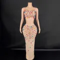 Sexy two-piece mesh dress with colorful rhinestones for nightclub and party outfits - S / Top And Bottom / Off White