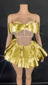 Close-up of golden mirror metallic stage outfit featuring tube top and ruffled skirt - S / Top And Bottom / Gold