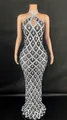 Elegant halter neck floor-length pageant dress with intricate silver rhinestone diamond patterns - Dark Gray