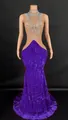 Elegant purple velvet mermaid evening gown with luxury rhinestone collar decoration. - Violet Blue