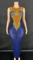 Elegant royal blue evening gown with sparkling gold rhinestones and skin-tone mesh. - S / Top And Bottom / Blue