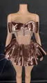 Detailed view of rose gold metallic mirror-effect two-piece stage performance costume set - S / Top And Bottom / Coffee