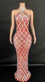 Detailed view of red halter dress with silver grid pattern and teardrop rhinestones. - Watermelon red